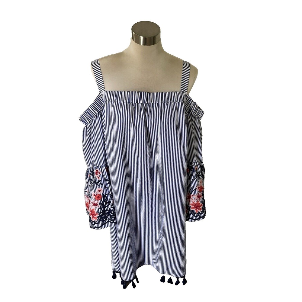 New Jessica Howard 18W Women's Blue Stripe Embroidered Bell Sleeve‎ Lined Dress